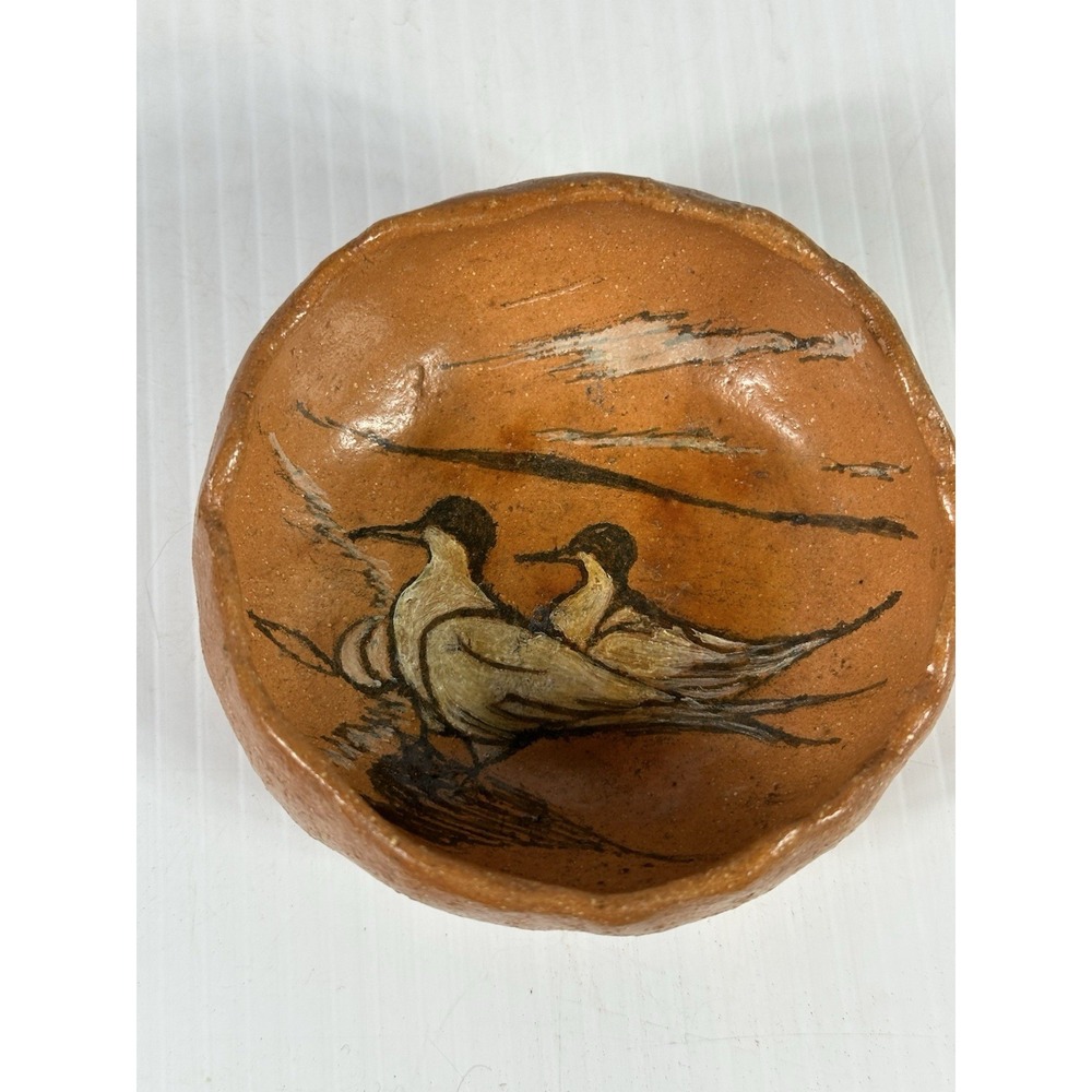 Vintage Terracotta Pottery Bowl Painted Interior Birds Bird Signed Asymmetrical